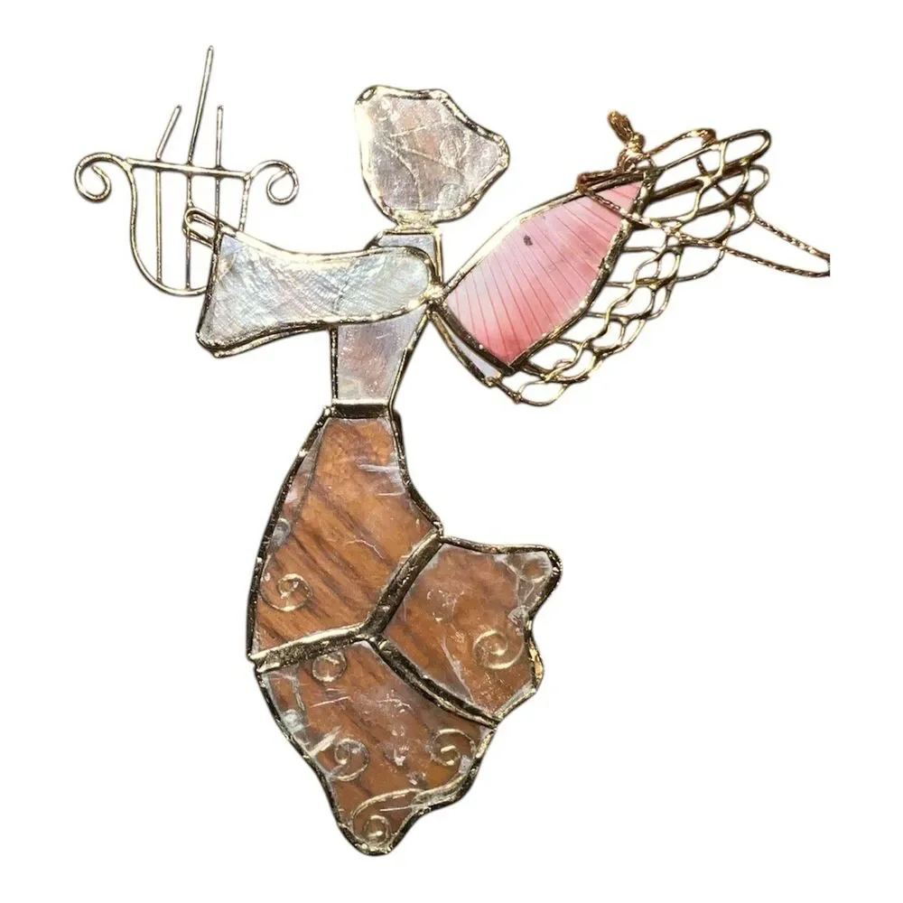 Angel W/Harp Capiz Shell Gold Tone Christmas Home Decor Phillipines Vintage